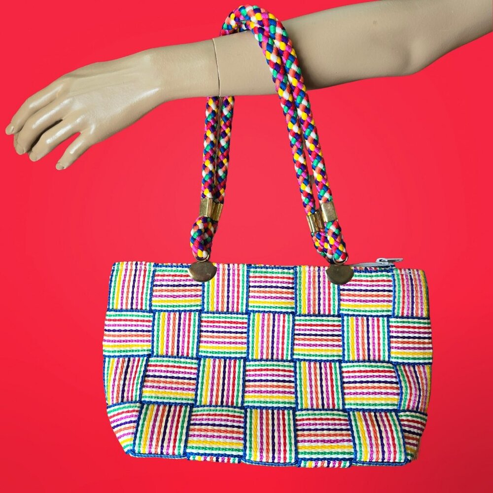 Vintage 80s Rainbow Striped Woven Handbag Shoulder Bag Pride Made In Italy